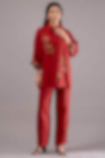 Red Linen Abstract Embroidered Co-Ord Set by Linen Bloom at Pernia's Pop Up Shop