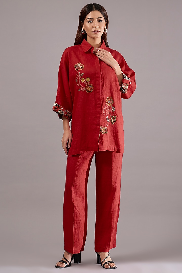 Red Linen Abstract Embroidered Co-Ord Set by Linen Bloom at Pernia's Pop Up Shop