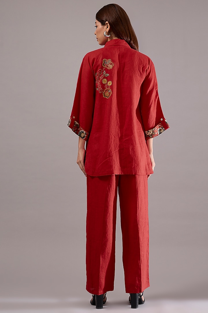 Red Linen Abstract Embroidered Co-Ord Set by Linen Bloom at Pernia's Pop Up Shop