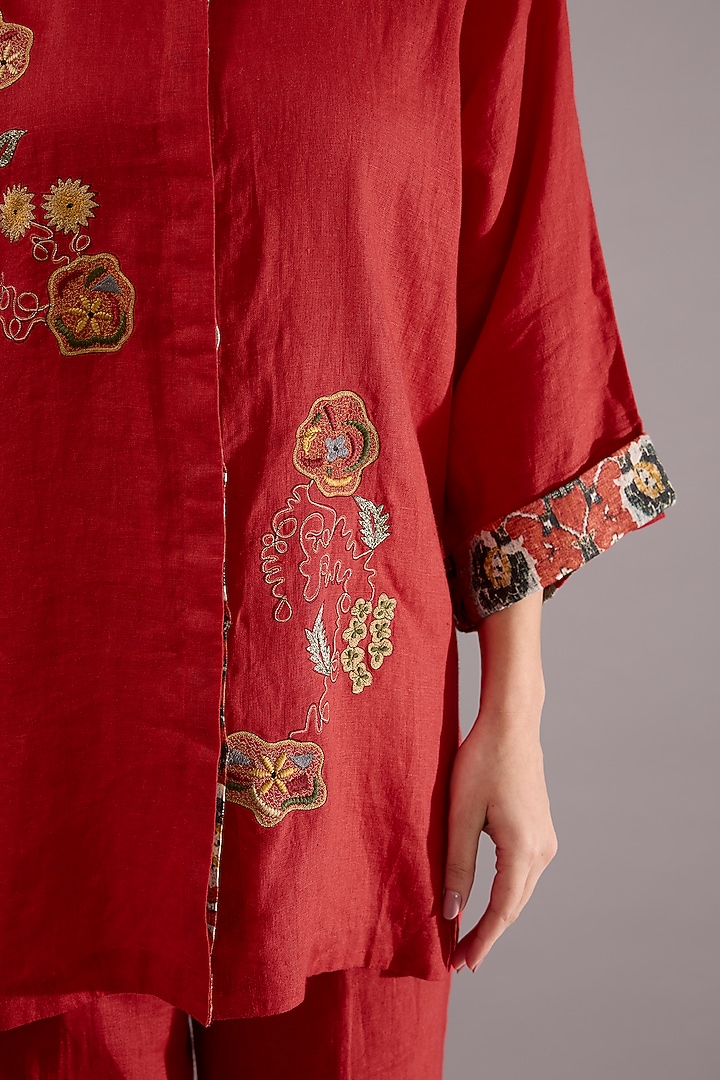 Red Linen Abstract Embroidered Co-Ord Set by Linen Bloom at Pernia's Pop Up Shop