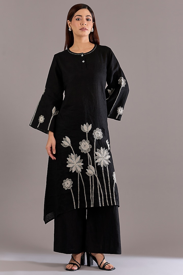 Black Linen Floral Embroidered Tunic Set by Linen Bloom at Pernia's Pop Up Shop