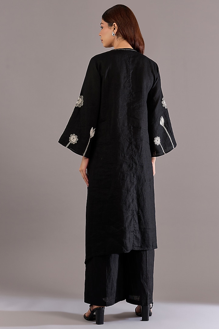 Black Linen Floral Embroidered Tunic Set by Linen Bloom at Pernia's Pop Up Shop