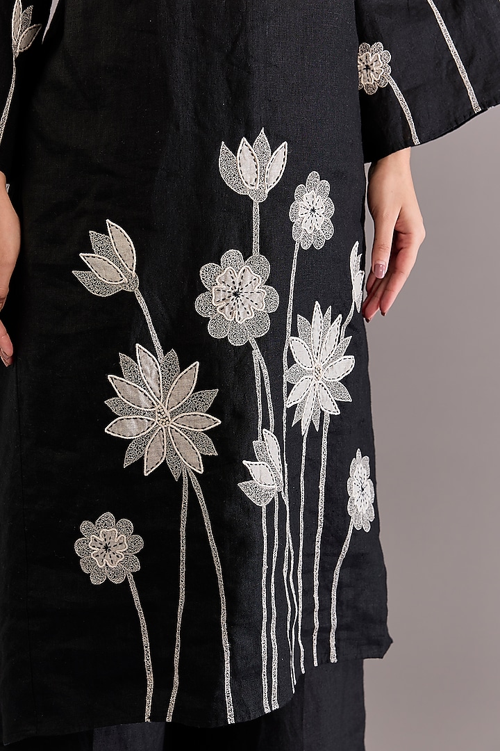 Black Linen Floral Embroidered Tunic Set by Linen Bloom at Pernia's Pop Up Shop