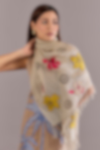 Beige Linen Floral Embroidered Scarf by Linen Bloom at Pernia's Pop Up Shop