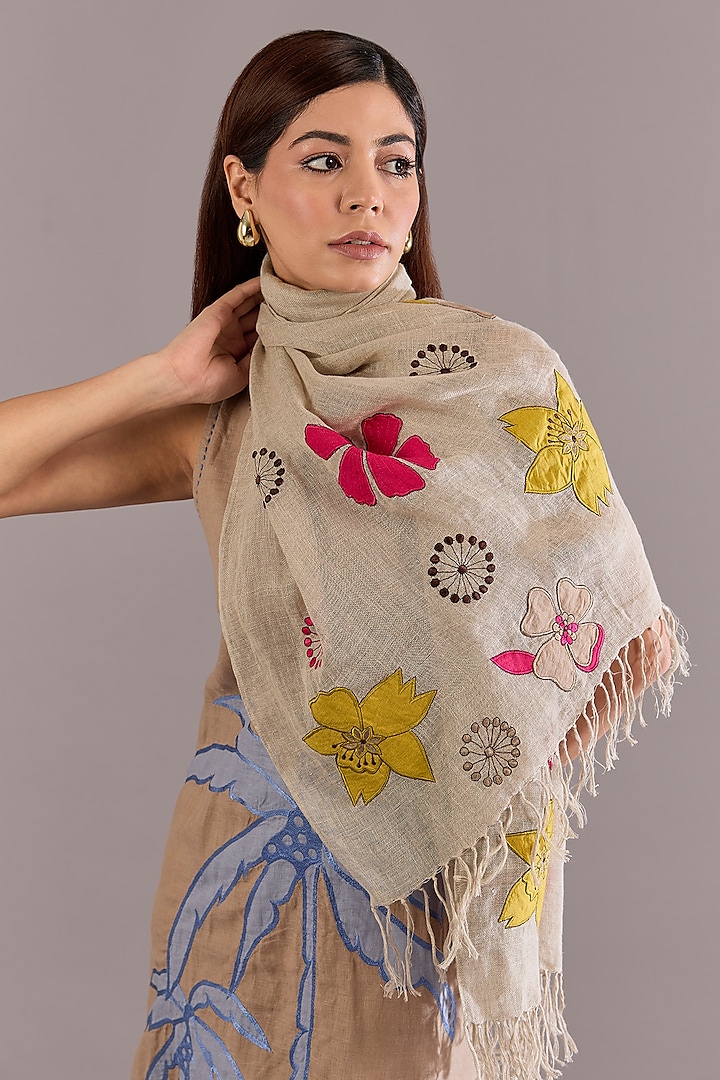 Beige Linen Floral Embroidered Scarf by Linen Bloom at Pernia's Pop Up Shop
