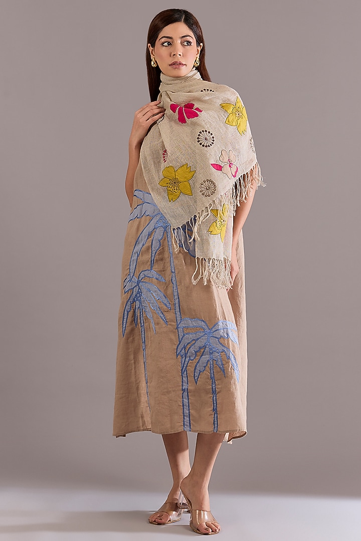 Beige Linen Floral Embroidered Scarf by Linen Bloom at Pernia's Pop Up Shop