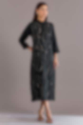 Navy Blue Linen Zari Embroidered Midi Vacation Dress by Linen Bloom at Pernia's Pop Up Shop
