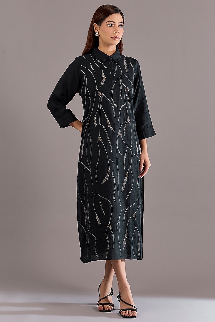 Navy Blue Linen Zari Embroidered Midi Vacation Dress by Linen Bloom at Pernia's Pop Up Shop