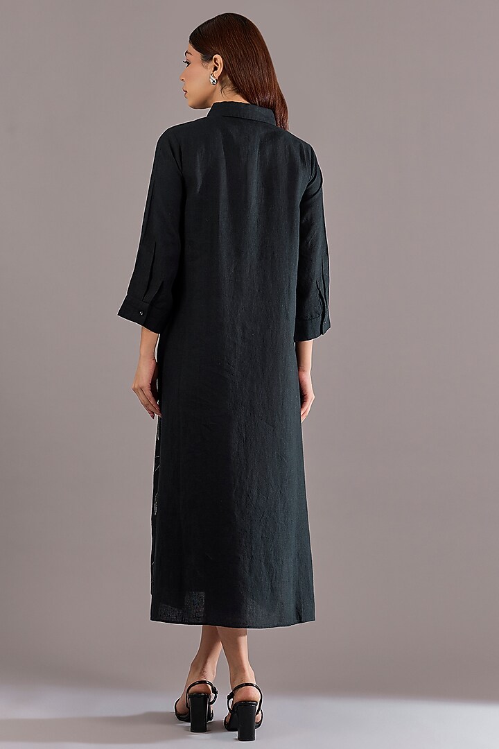 Navy Blue Linen Zari Embroidered Midi Vacation Dress by Linen Bloom at Pernia's Pop Up Shop