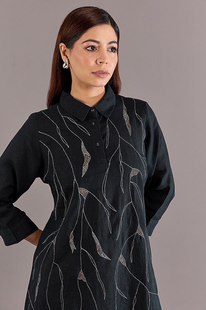 Navy Blue Linen Zari Embroidered Midi Vacation Dress by Linen Bloom at Pernia's Pop Up Shop