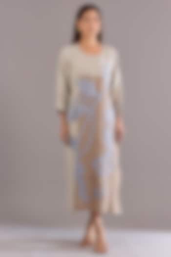 Beige Linen Embroidered Midi Vacation Dress by Linen Bloom at Pernia's Pop Up Shop