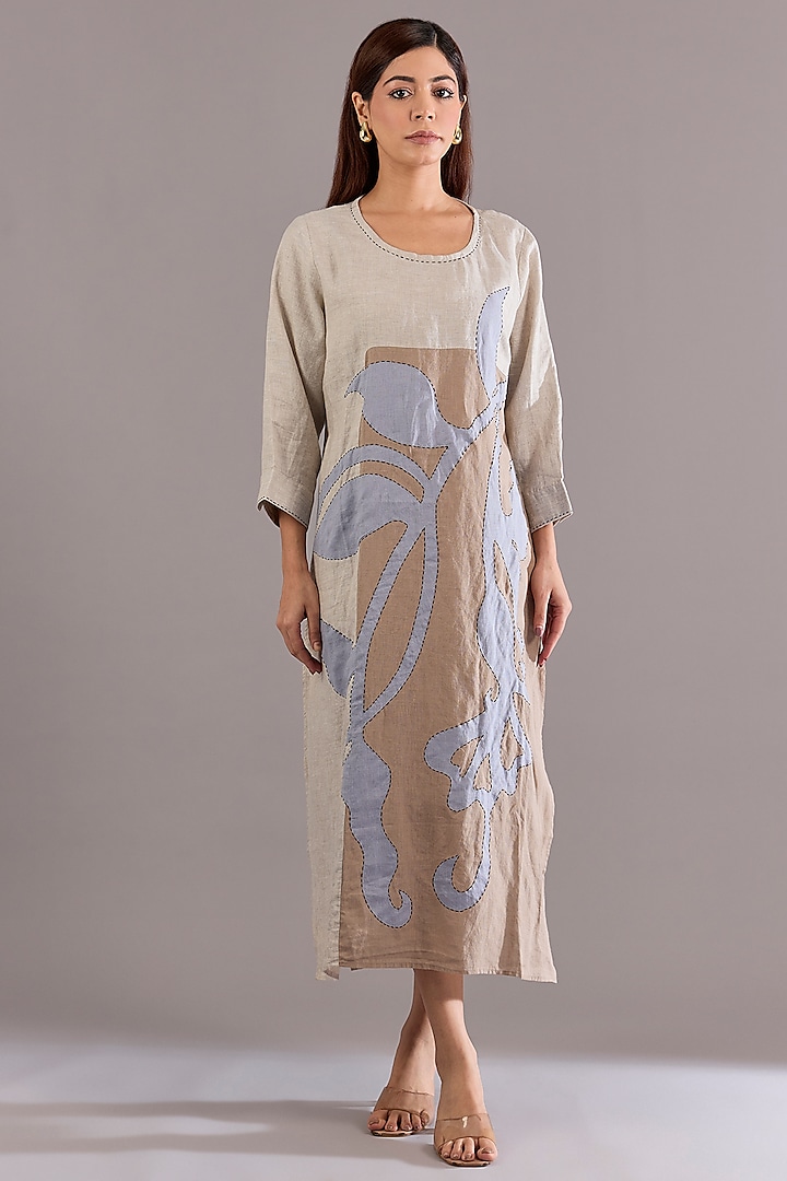 Beige Linen Embroidered Midi Vacation Dress by Linen Bloom at Pernia's Pop Up Shop