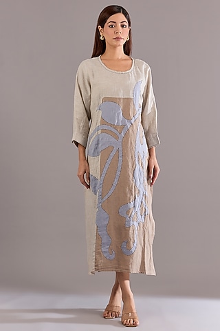 Beige Linen Embroidered Midi Dress by Linen Bloom