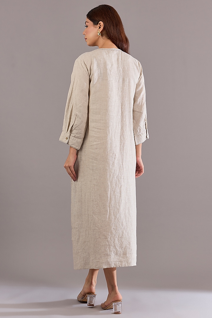 Beige Linen Embroidered Midi Vacation Dress by Linen Bloom at Pernia's Pop Up Shop