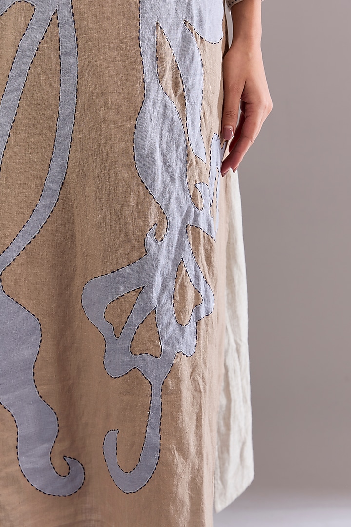 Beige Linen Embroidered Midi Vacation Dress by Linen Bloom at Pernia's Pop Up Shop