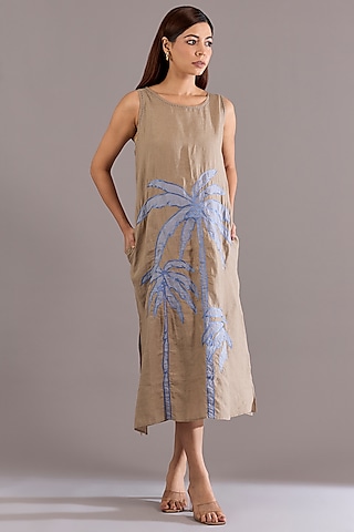 Khaki Colored Linen Embroidered Midi Dress by Linen Bloom