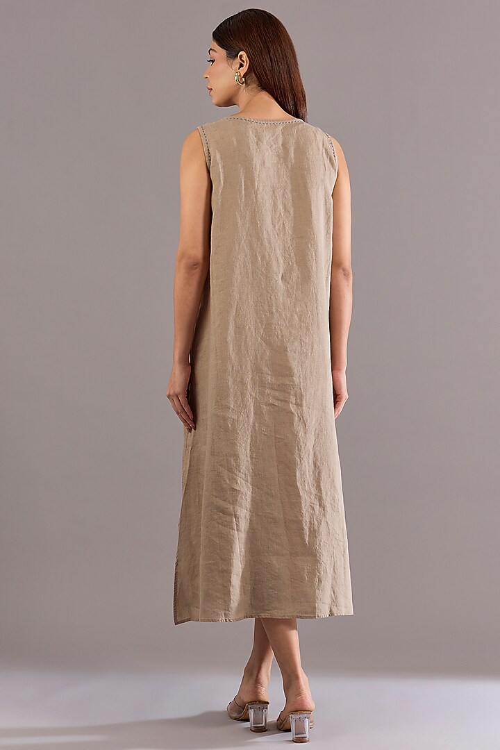 Khaki Colored Linen Embroidered Midi Vacation Dress by Linen Bloom at Pernia's Pop Up Shop