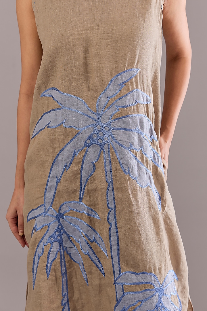 Khaki Colored Linen Embroidered Midi Vacation Dress by Linen Bloom at Pernia's Pop Up Shop