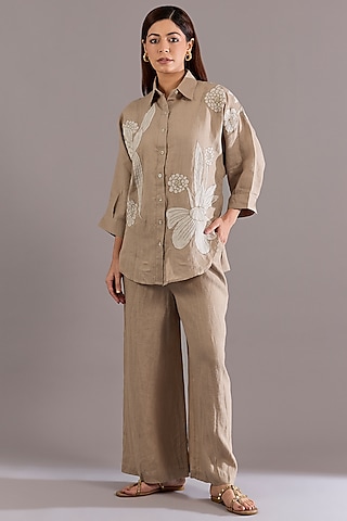 Khaki Colored Linen Flared Pants by Linen Bloom