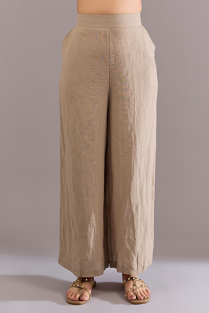 Khaki Colored Linen Flared Pants by Linen Bloom at Pernia's Pop Up Shop