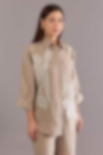 Khaki Colored Linen Floral Embroidered Shirt by Linen Bloom at Pernia's Pop Up Shop
