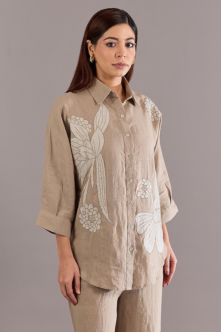 Khaki Colored Linen Floral Embroidered Shirt by Linen Bloom at Pernia's Pop Up Shop
