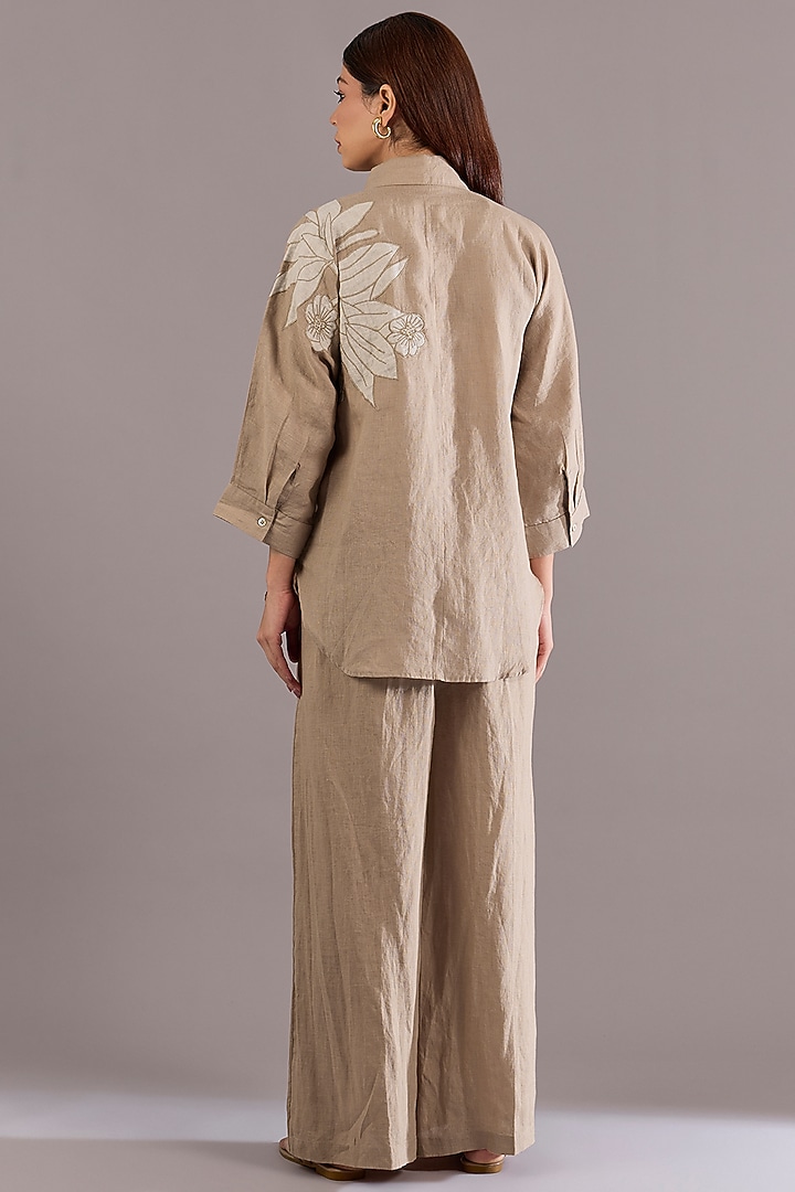 Khaki Colored Linen Floral Embroidered Shirt by Linen Bloom at Pernia's Pop Up Shop