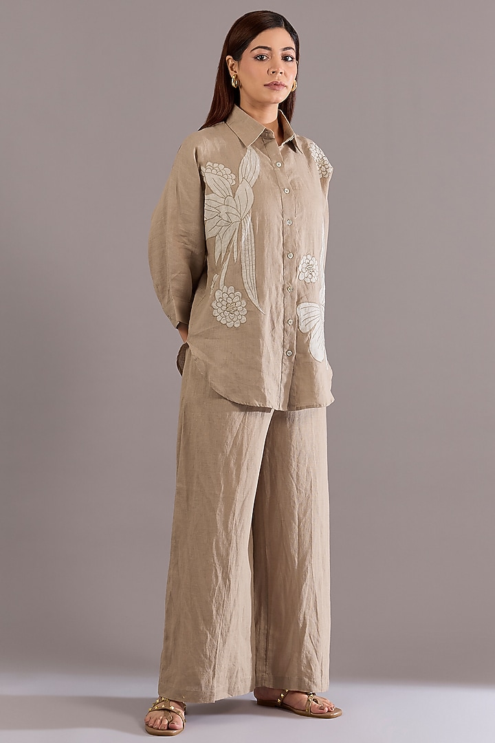 Khaki Colored Linen Floral Embroidered Shirt by Linen Bloom at Pernia's Pop Up Shop