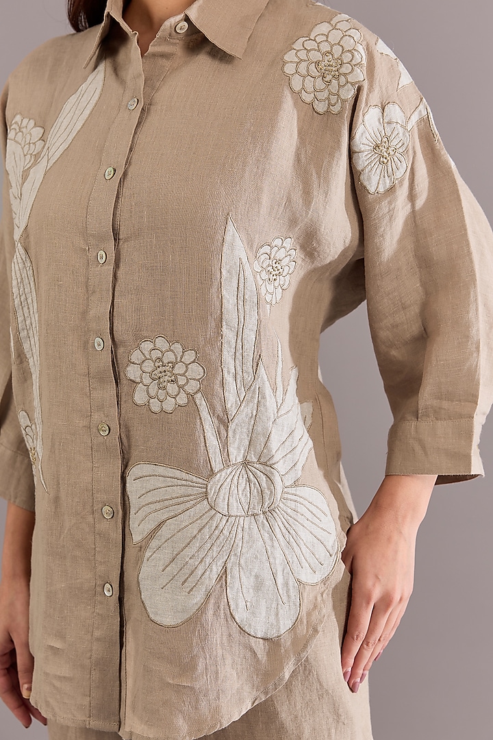 Khaki Colored Linen Floral Embroidered Shirt by Linen Bloom at Pernia's Pop Up Shop