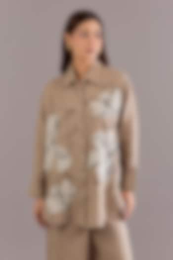 Khaki Colored Linen Embroidered Shirt by Linen Bloom at Pernia's Pop Up Shop