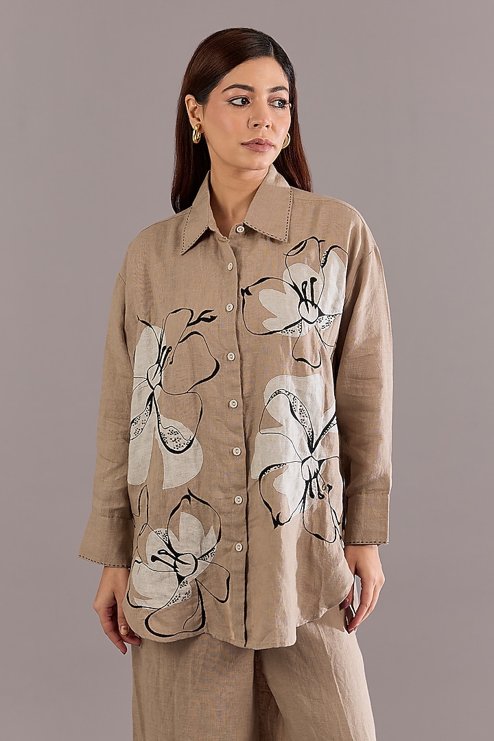 Khaki Colored Linen Embroidered Shirt by Linen Bloom at Pernia's Pop Up Shop