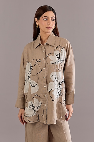 Khaki Colored Linen Embroidered Shirt by Linen Bloom