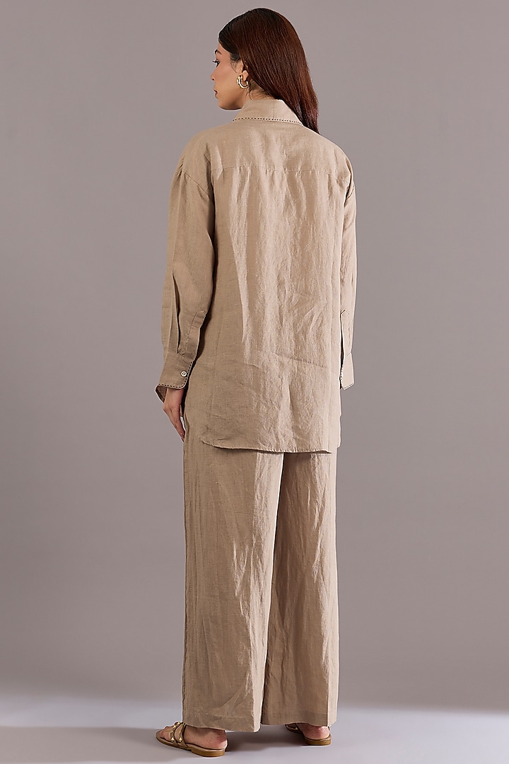 Khaki Colored Linen Embroidered Shirt by Linen Bloom at Pernia's Pop Up Shop