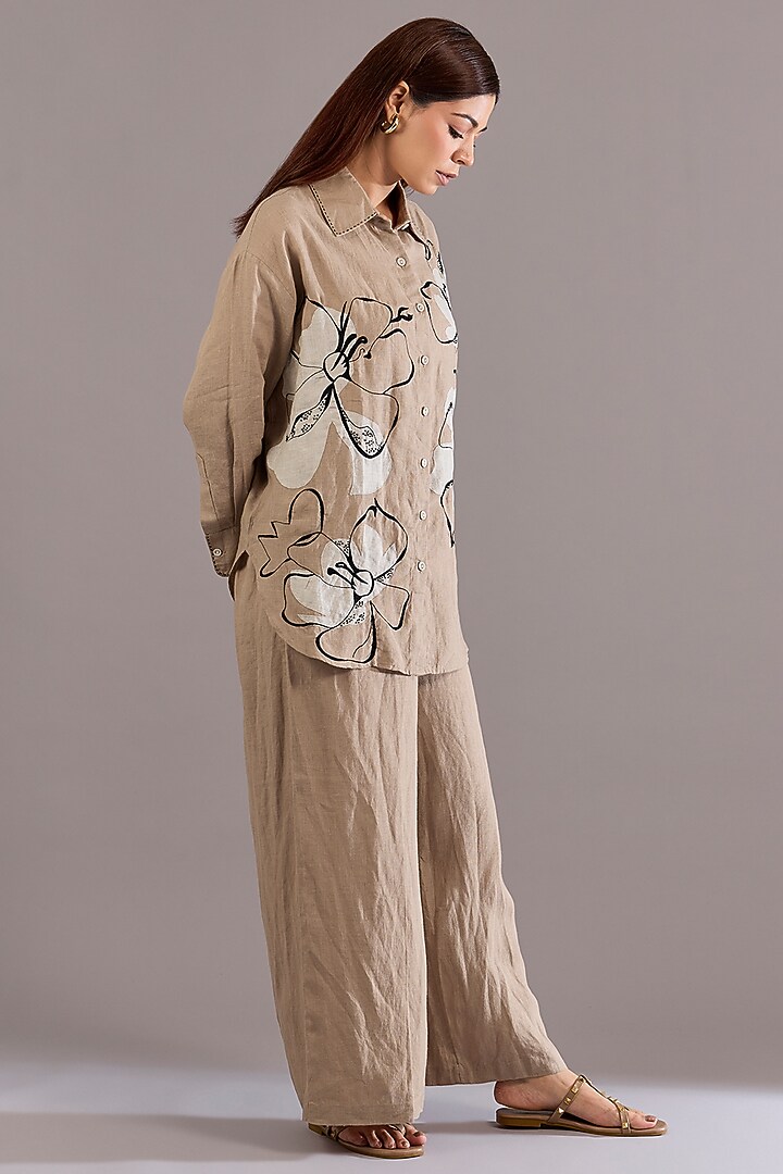 Khaki Colored Linen Embroidered Shirt by Linen Bloom at Pernia's Pop Up Shop