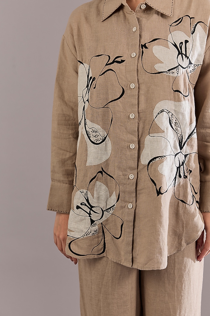 Khaki Colored Linen Embroidered Shirt by Linen Bloom at Pernia's Pop Up Shop