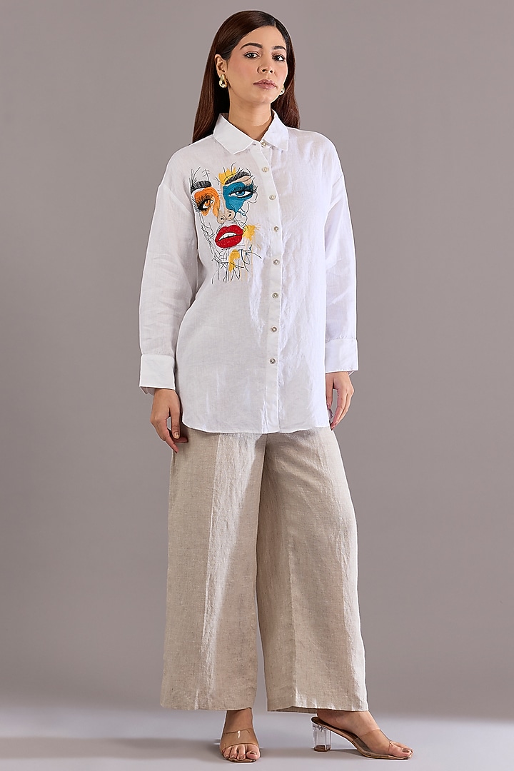 White Linen Embroidered Shirt by Linen Bloom at Pernia's Pop Up Shop