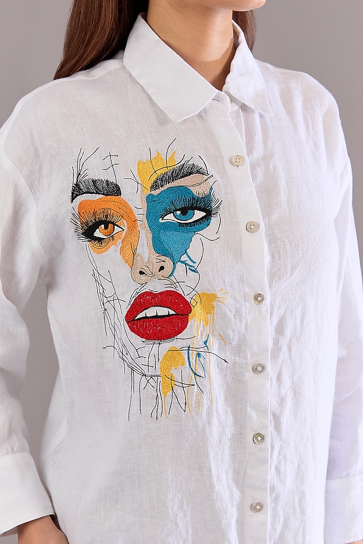 White Linen Embroidered Shirt by Linen Bloom at Pernia's Pop Up Shop