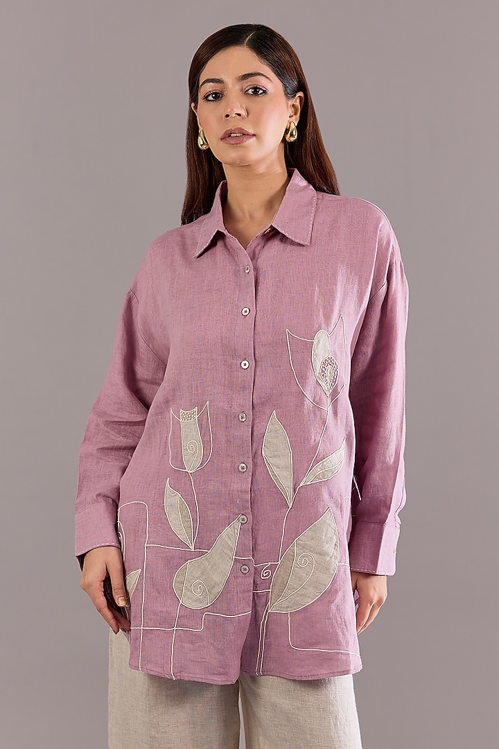 Lilac Linen Embroidered Shirt by Linen Bloom at Pernia's Pop Up Shop