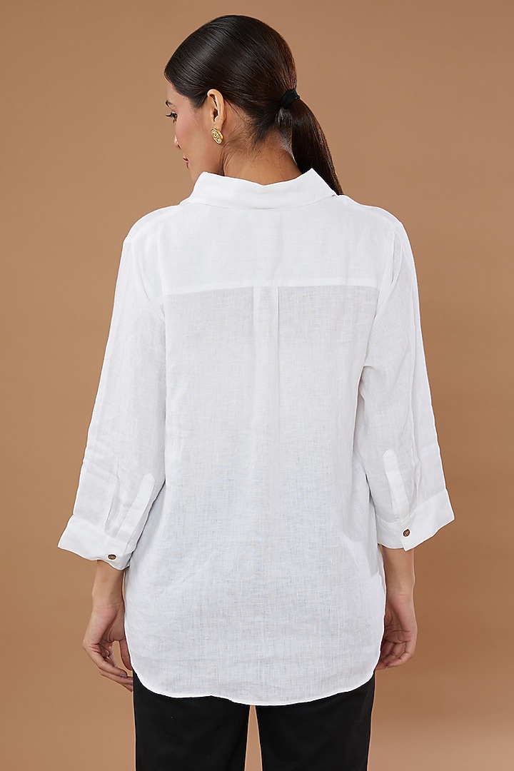 White Pure Linen Embroidered Shirt by Linen Bloom at Pernia's Pop Up Shop