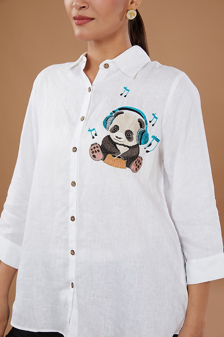 White Pure Linen Embroidered Shirt by Linen Bloom at Pernia's Pop Up Shop