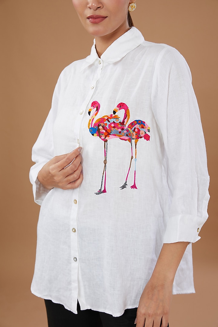 White Pure Linen Embroidered Shirt by Linen Bloom at Pernia's Pop Up Shop