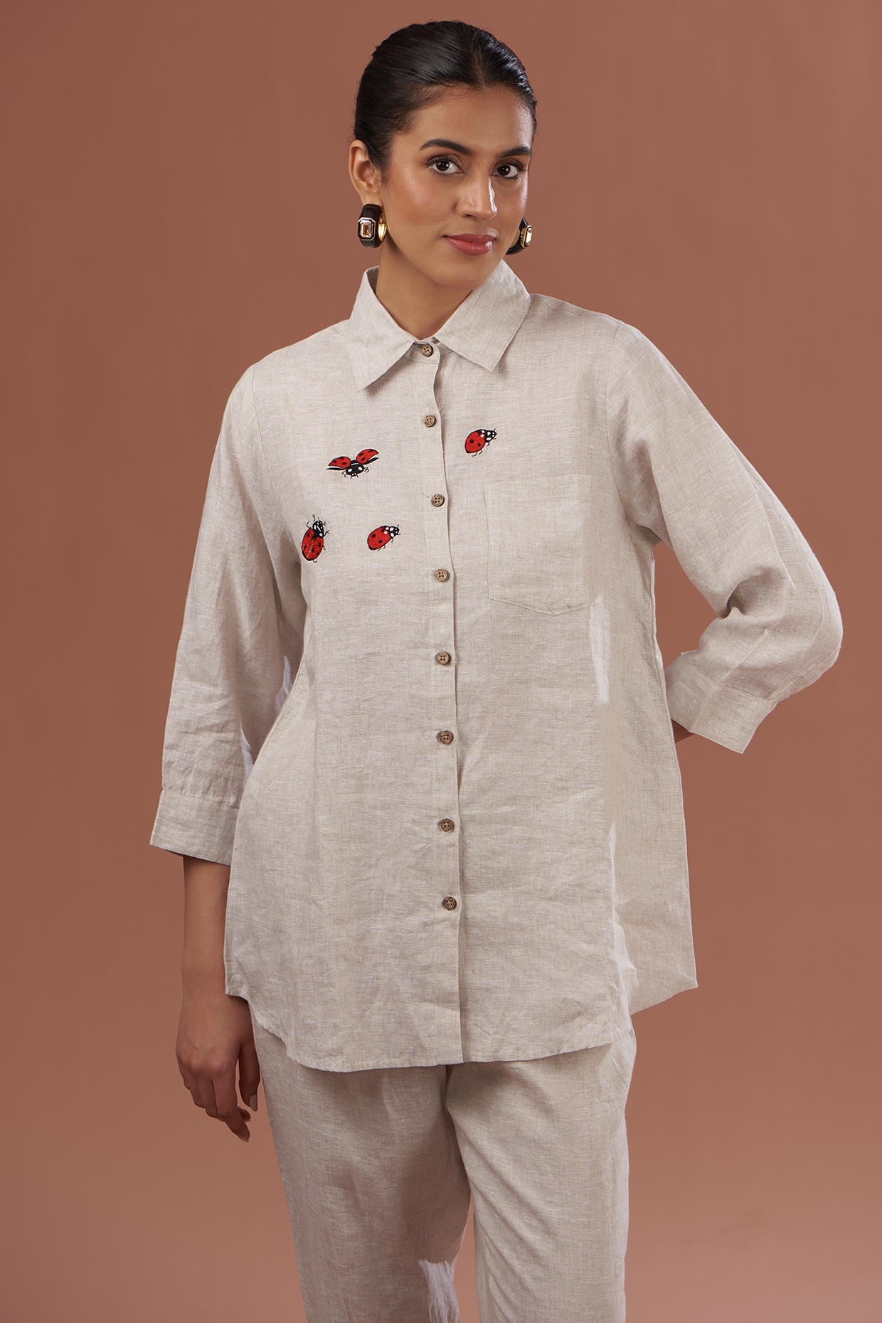 Beige Linen Embroidered Shirt by Linen Bloom at Pernia's Pop Up