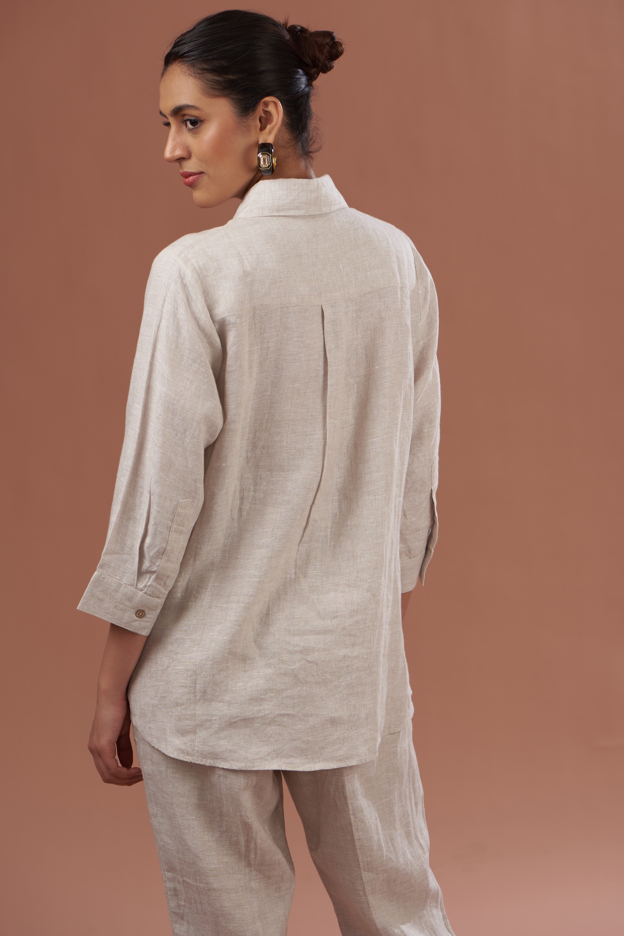 Beige Linen Embroidered Shirt by Linen Bloom at Pernia's Pop Up