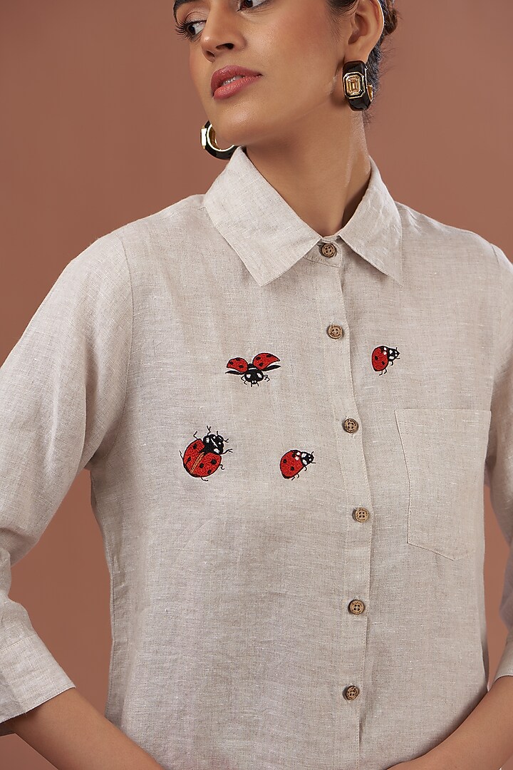 Beige Linen Embroidered Shirt by Linen Bloom at Pernia's Pop Up Shop