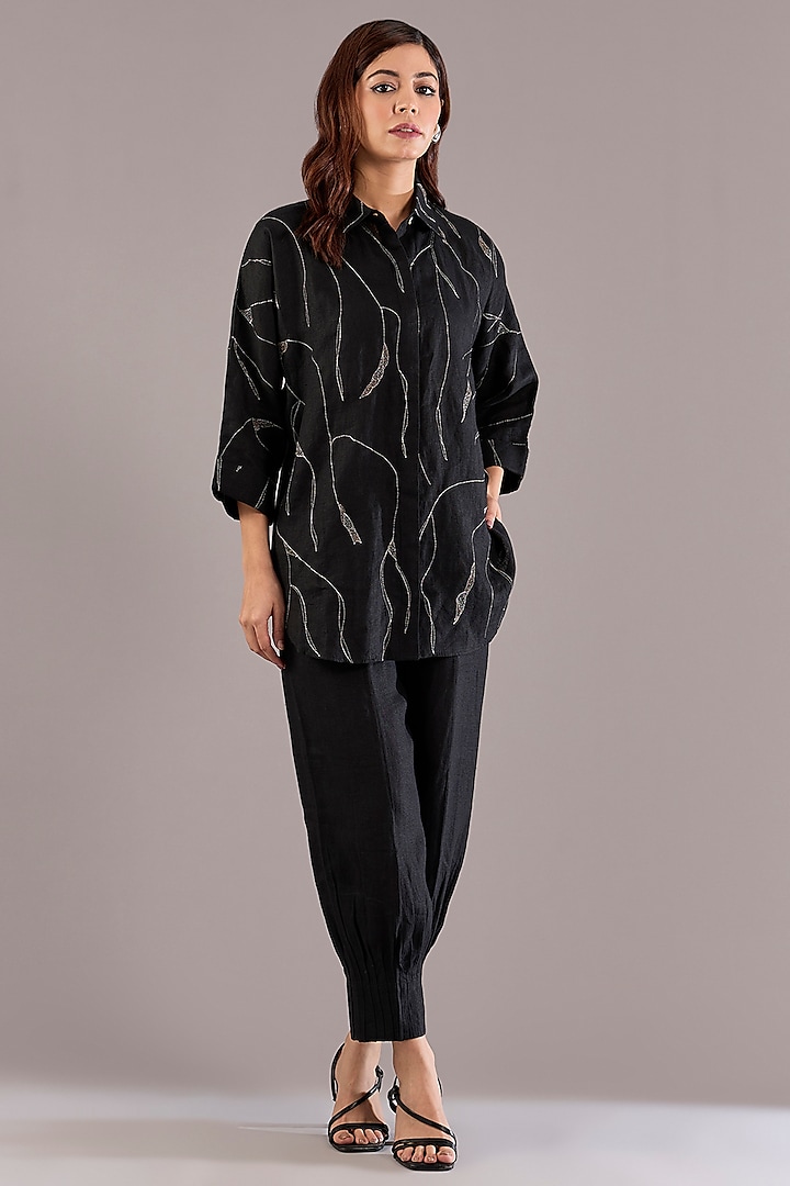 Black Pure Linen Zari Embroidered Co-Ord Set by Linen Bloom at Pernia's Pop Up Shop