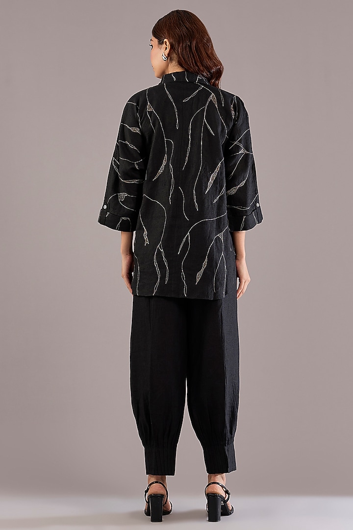 Black Pure Linen Zari Embroidered Co-Ord Set by Linen Bloom at Pernia's Pop Up Shop