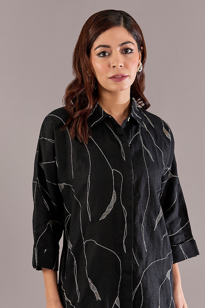 Black Pure Linen Zari Embroidered Co-Ord Set by Linen Bloom at Pernia's Pop Up Shop