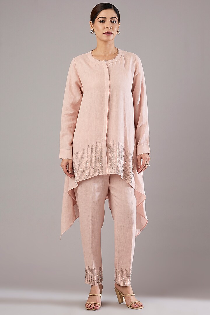 Pink Linen Nalki Embroidered Tunic Set by Linen Bloom at Pernia's Pop Up Shop