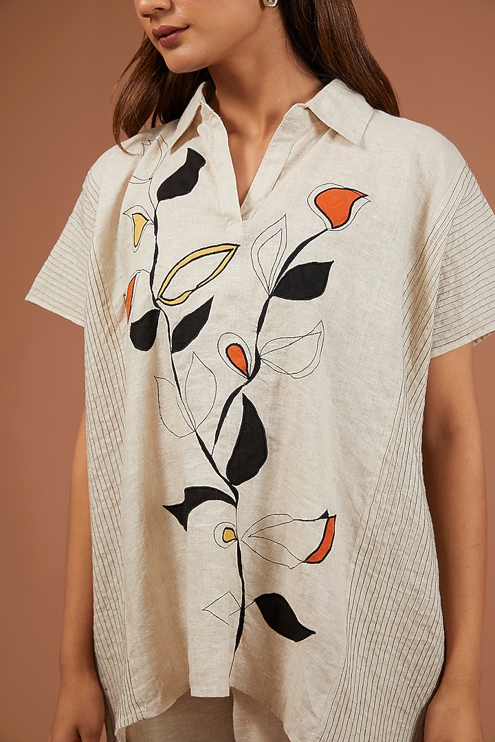 Beige Pure Linen Leaf Embroidered Co-Ord Set by Linen Bloom at Pernia's Pop Up Shop