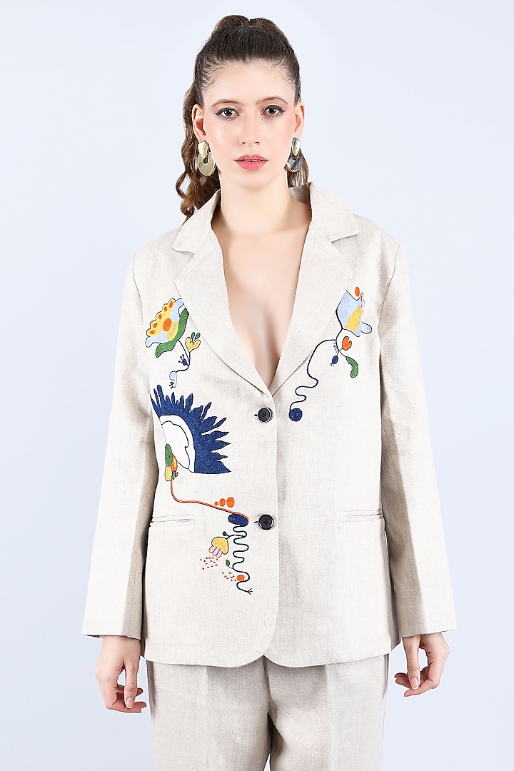 Beige Pure Linen Floral Embroidered Blazer by Linen Bloom at Pernia's Pop Up Shop